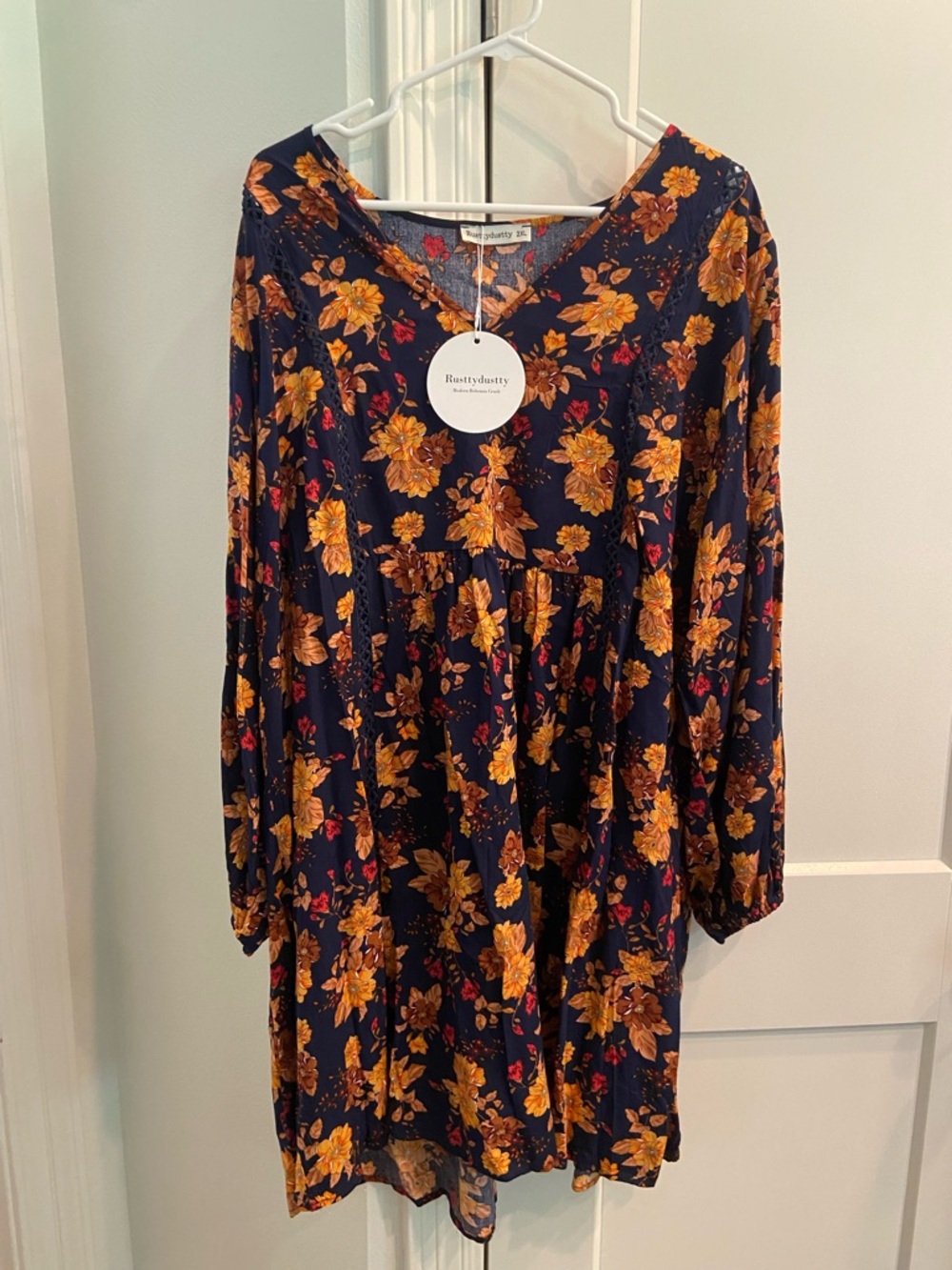 Navy Floral V-Neck Tunic Dress - Yellow Floral